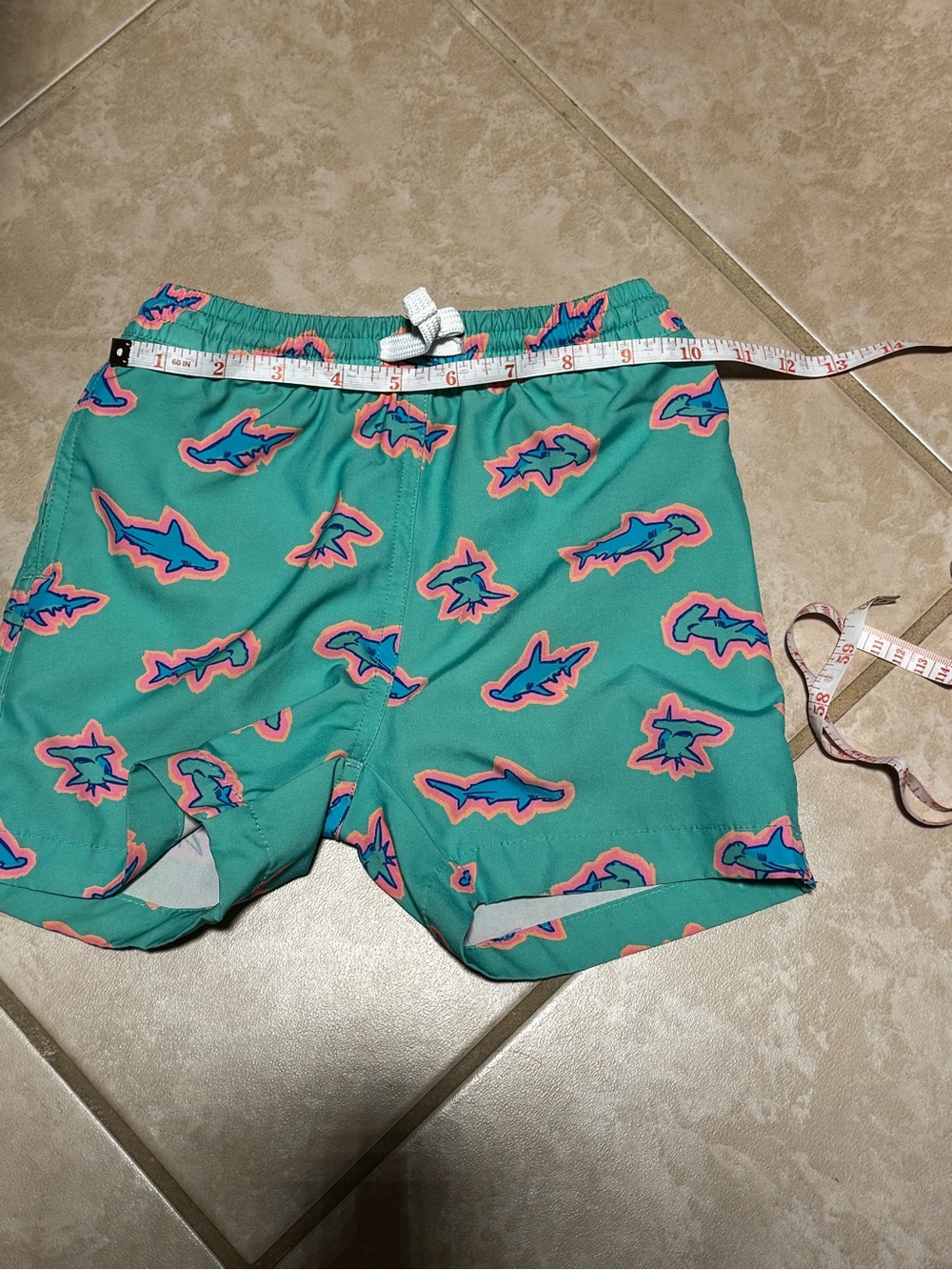 chubbies Teal Swim Shorts with Pink and Blue Shark Motif